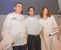 FIU-Tribute-0140 - FIU School of Hospitality Professor Chef Michael Moran, left, with FIU School of Hospitality student and winner of the Barilla Best New Student Chef Award for 2008 Michael Cremeno, center, and Angie Goldberg, Brand Manager of Barilla America. (Photo by Michell Zachs/FIU School of Hospitality)