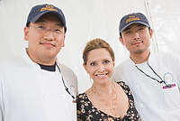 FIU-Grd-Taste-0543 - FIU School of Hospitality student Star Ng, Food Network Chef and Culinary Personality Ingrig Hoffmann and FIU School of Hospitality student Vince Tien in the Grand Tasting Village at the at the 2008 South Beach Wine and Food Festival in Miami Beach.