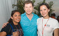 FIU-Grd-Taste-0559 - FIU School of Hospitality Lina Olea, Food Network Chef and Culinary Personality Bobby Flay and FIU School of Hospitality Yuhsuan Chen in the Grand Tasting Village at the 2008 South Beach Wine and Food Festival in Miami Beach.